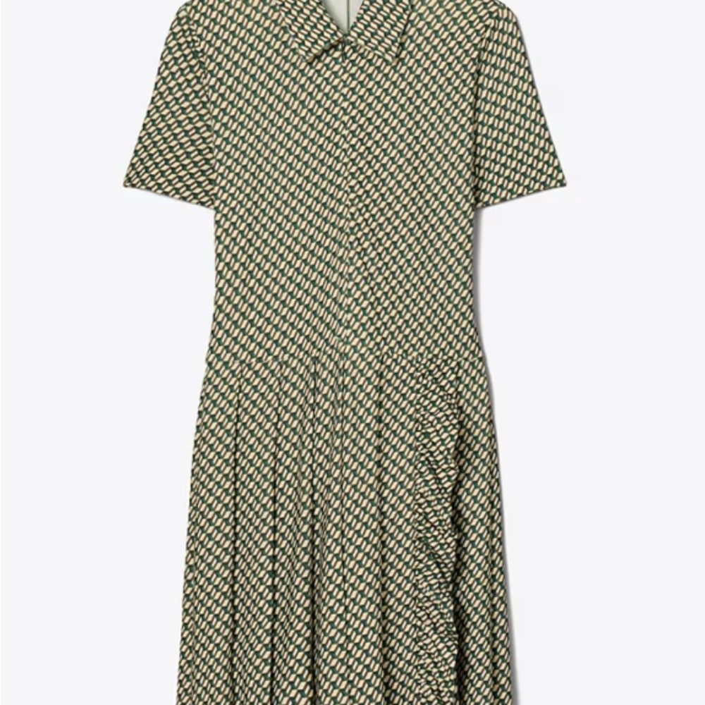 Tory Burch Green Asymmetrical Pleated Midi Dress